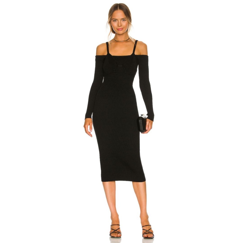 NWOT NBD Long-Sleeve Black Knit Off-the-Shoulder Dress With Layered Bralette XS